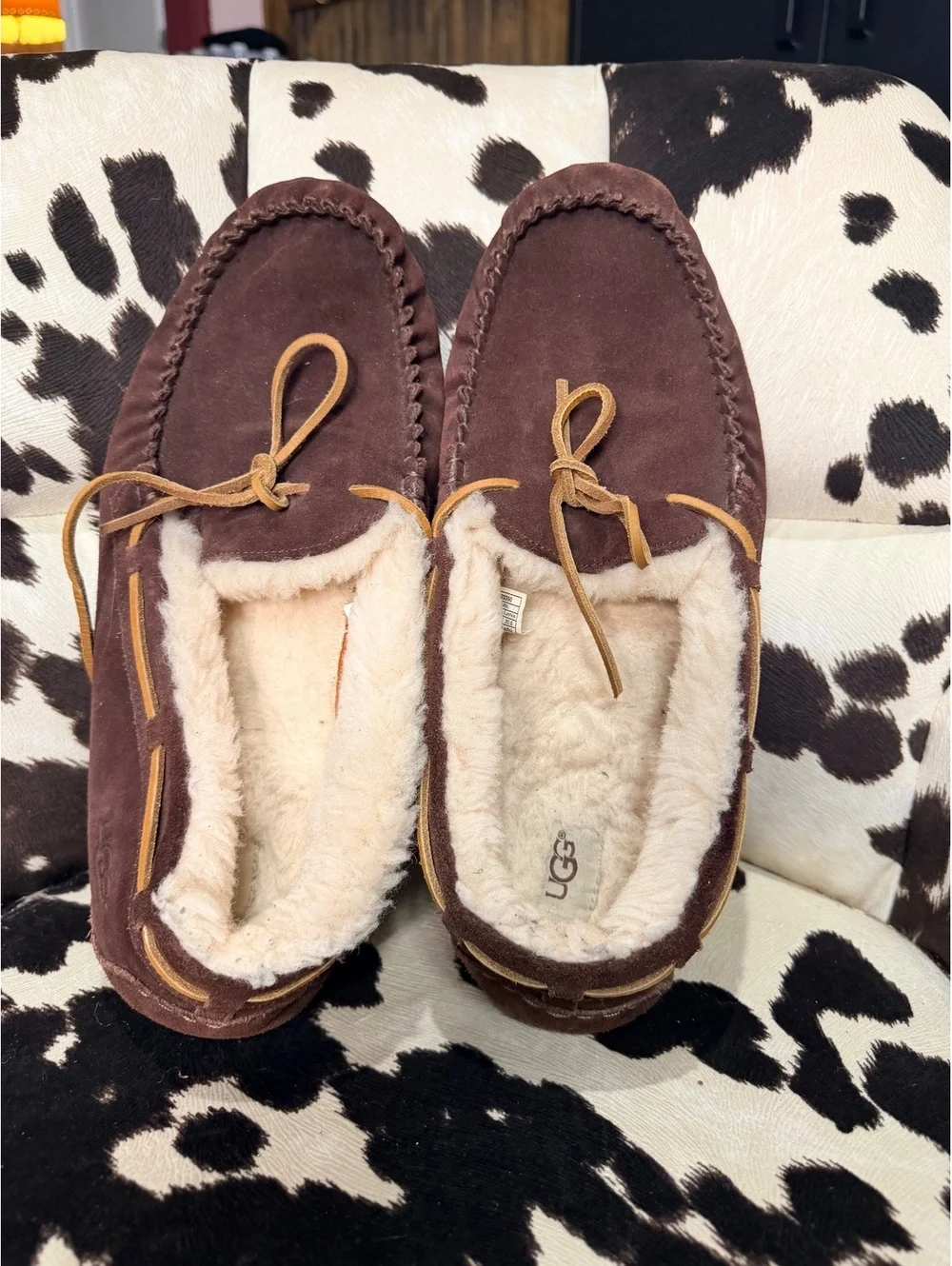 UGG Brown Suede Moccasin Slippers with Shearling Lining Size 13 US